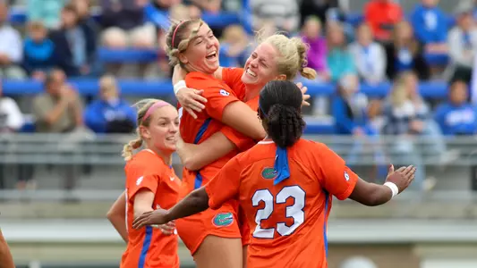 Delaney Tauzel (left) celebrates her goal with Josie Curtis