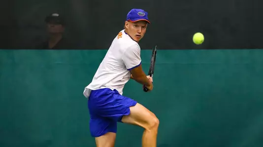 during the Gators' match against the Texas A&M Aggies on Sunday, April 17, 2022 at Linder Stadium at Ring Tennis Complex in Gainesville, FL / UAA Communications photo by Craig Haas