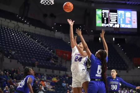 during the Gators' game against the UNC Asheville Bulldogs on Sunday, November 13, 2022 at Exactech Arena at the Stephen C. O'Connell Center in Gainesville, FL / UAA Communications photo by Emma Bissell