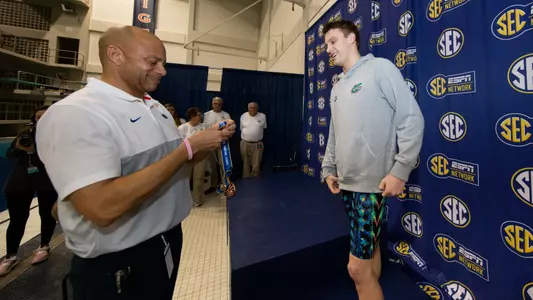 during the Gators' meet on Day 2 of the SEC Championships on Wednesday, February 19, 2020 at Martin Aquatics Center in Auburn, AL / UAA Communications photo by Courtney Culbreath