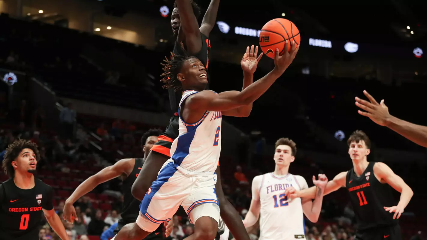during the Gators' game against the Oregon State Beavers on Friday, November 25, 2022 at Moda Center in Portland, OR / UAA Communications photo by Maddie Washburn