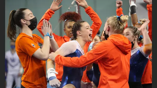 Megan Skaggs celebrates with her teammates at Florida's win last week at No. 10 Kentucky. It is another top opponent this week as No. 2 Oklahoma comes to the Exactech Arena to face No. 3 Florida in the nation's top dual meet of the weekend.