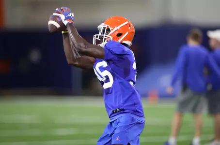 during the Gators' practice on Saturday, August 7, 2021 at the Sanders football practice fields in Gainesville, FL / UAA Communications photo by Isabella Marley