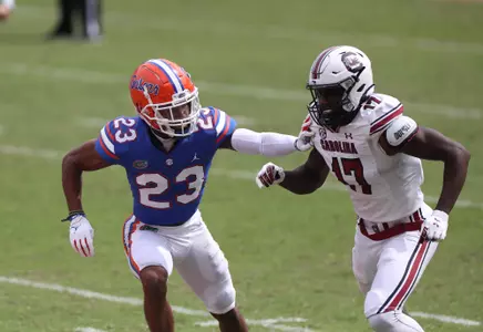 during the Gators' 38-24 win against the South Carolina Gamecocks on Saturday, October 3, 2020 at Ben Hill Griffin Stadium in Gainesville, Fla. / UAA Communications photo by Evan Lepak