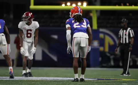 during the Gators' game against the Alabama Crimson Tide in the SEC Championship on Saturday, December 19, 2020 at Mercedes-Benz Stadium in Atlanta, Ga. / UAA Communications photo by Tim Casey