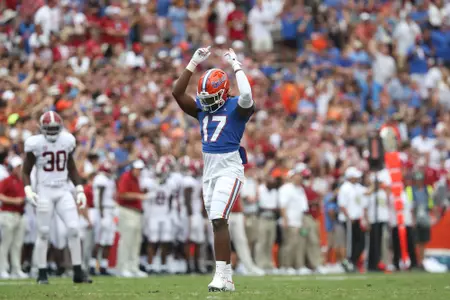 during the Gators' game against the Alabama Crimson Tide on Saturday, September 18, 2021 at Ben Hill Griffin Stadium in Gainesville, Fla. / UAA Communications photo by Alexis Greaves