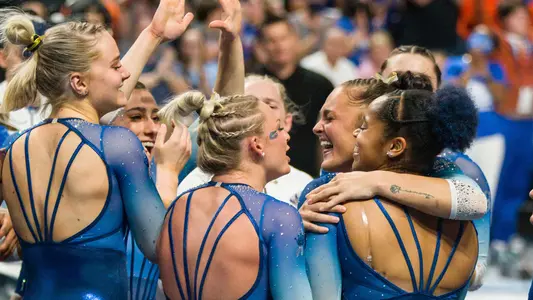 Sloane Blakely celebrates her floor exercise with the Gators vs Oklahoma 22-225