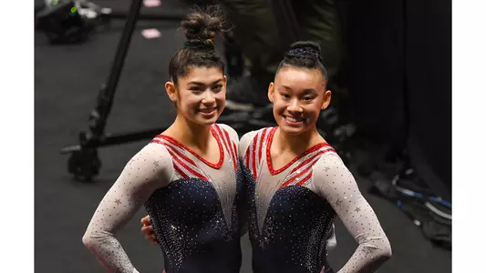 2021 World Gymnastics Championships all-around medalists - Kayla DiCello (bronze) and Leanne Wong (gold)