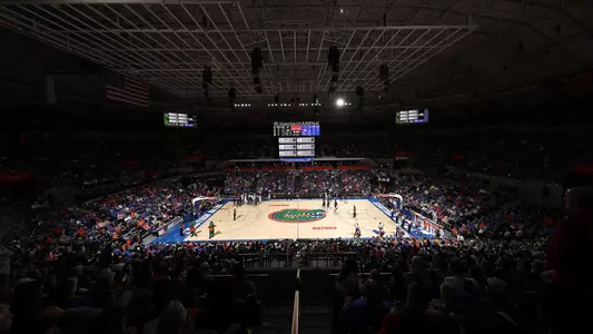 Distant view of a Florida Gators men's basketball game at Exactech Arena