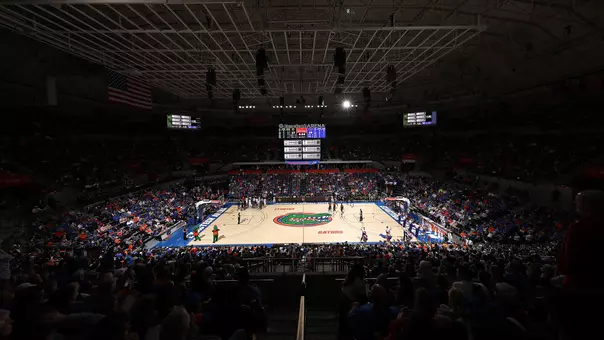 Distant view of a Florida Gators men's basketball game at Exactech Arena