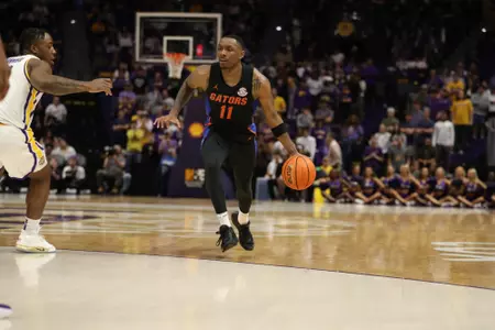during the Gators' game against the LSU Tigers on Tuesday, January 10, 2023 at Pete Maravich Assembly Center in Baton Rouge, LA / UAA Communications photo by Maddie Washburn