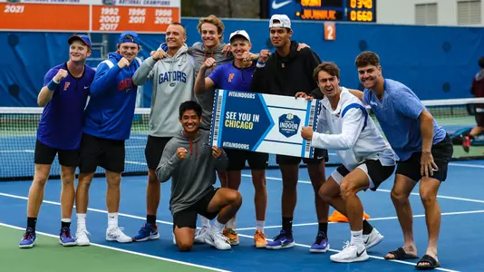 during the Gators' match against the Mississippi State Bulldogs on Saturday, January 28, 2023 at Linder Stadium at Ring Tennis Complex in Gainesville, FL / UAA Communications photo by Jashari Blige
