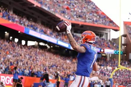 Ricky Pearsall during the Gators' game against the Vanderbilt Commodores on Saturday, October 7, 2023 at Ben Hill Griffin Stadium in Gainesville, Fla. / UAA Communications photo by Molly Kaiser