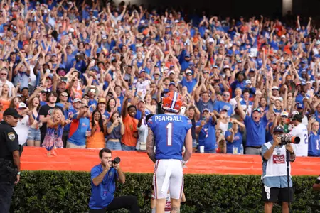 Ricky Pearsall during the Gators' game against the Vanderbilt Commodores on Saturday, October 7, 2023 at Ben Hill Griffin Stadium in Gainesville, Fla. / UAA Communications photo by Molly Kaiser