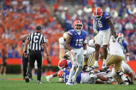Derek Wingo, Shemar James, during the Gators' game against the Vanderbilt Commodores on Saturday, October 7, 2023 at Ben Hill Griffin Stadium in Gainesville, Fla. / UAA Communications photo by Molly Kaiser