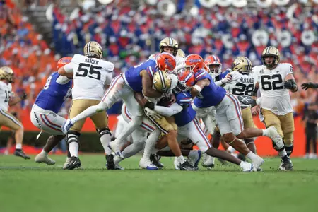 Derek Wingo, T.J. Searcy, Shemar James, during the Gators' game against the Vanderbilt Commodores on Saturday, October 7, 2023 at Ben Hill Griffin Stadium in Gainesville, Fla. / UAA Communications photo by Molly Kaiser