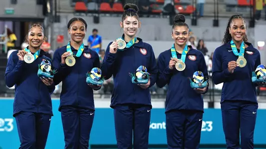 U.S. Gymnastics wins Pan American Games team gold - Jordan Chiles (left), Kaliya Lincoln, Kayla DiCello, Tiana Sumanasekera, Zoe Miller