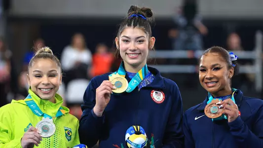 Kayla DiCello (center) - 2023 Pan American Games all-around champion - 231023
