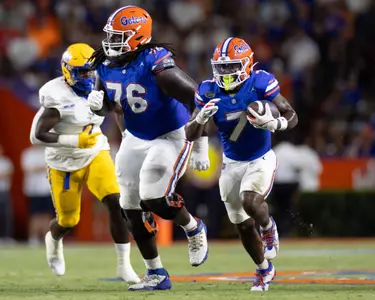 Trevor Etienne during the Gators' game against the McNeese State Cowboys on Saturday, September 9, 2023 at Ben Hill Griffin Stadium in Gainesville, Fla. / UAA Communications photo by Molly Kaiser