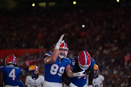 Hayden Hansen, Damieon George Jr. during the Gators' game against the McNeese State Cowboys on Saturday, September 9, 2023 at Ben Hill Griffin Stadium in Gainesville, Fla. / UAA Communications photo by Molly Kaiser