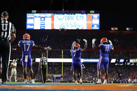Scooby Williams, Chris McClellan, Kelby Collins During the Gators' game against the Tennessee Volunteers on Saturday, September 16, 2023 at Ben Hill Griffin Stadium in Gainesville, Fla. / UAA Communications photo by Molly Kaiser