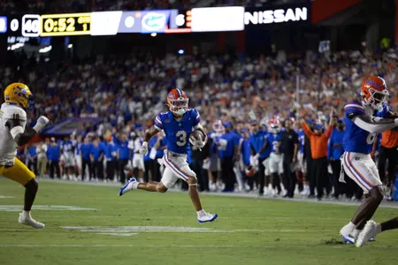 Jason Marshall Jr. during the Gators' game against the McNeese State Cowboys on Saturday, September 9, 2023 at Ben Hill Griffin Stadium in Gainesville, Fla. / UAA Communications photo by Molly Kaiser