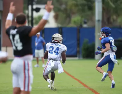 during the Gators' practice on Monday, August 14, 2023 at the Sanders football practice fields in Gainesville, FL / UAA Communications photo by Ashley Ray