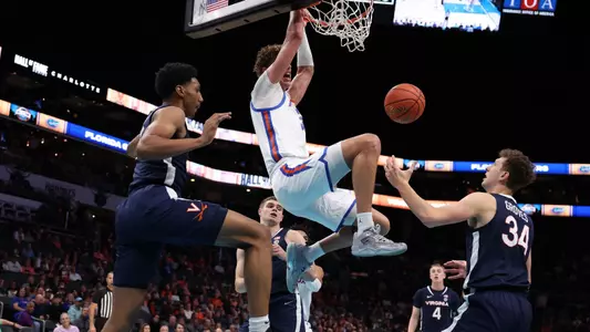 Micah Handlogten during the Gators' game against the Virginia Cavaliers in the Hall of Fame series on Friday, November 10, 2023 at Spectrum Center in Charlotte, N.C. / UAA Communications photo by Maddie Washburn