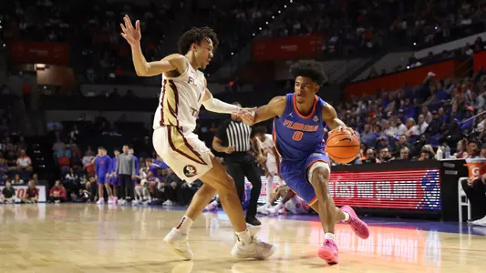 Zyon Pullin during the Gators' game against the Florida State Seminoles on Friday, November 17, 2023 at Exactech Arena at the Stephen C. O'Connell Center in Gainesville, FL / UAA Communications photo by Ashley Ray