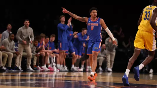 Will Richard during the Gators' game against the Pittsburgh Panthers in the first round of the NIT Season Tipoff on Wednesday, November 22, 2023 at Barclays Center in Brooklyn, NY / UAA Communications photo by Maddie Washburn