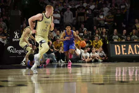 during the Gators' game against the Wake Forest Demon Deacons in the ACC/SEC Challenge on Wednesday, November 29, 2023 at Lawrence Joel Veterans Memorial Coliseum in Winston-Salem, NC / UAA Communications photo by Maddie Washburn