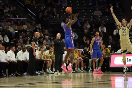 during the Gators' game against the Wake Forest Demon Deacons in the ACC/SEC Challenge on Wednesday, November 29, 2023 at Lawrence Joel Veterans Memorial Coliseum in Winston-Salem, NC / UAA Communications photo by Maddie Washburn