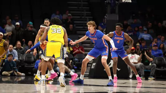 Micah Handlogten during the Gators' game against the Michigan Wolverines in the Jumpman Invitational on Tuesday, December 19, 2023 at Spectrum Center in Charlotte, NC / UAA Communications photo by Maddie Washburn