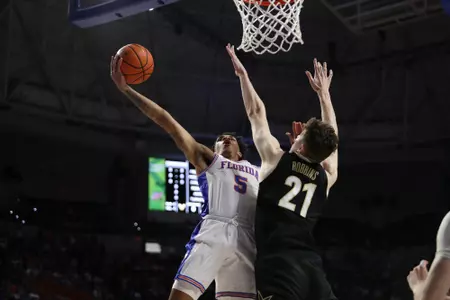 during the Gators' game against the Commodore on Saturday, February 11, 2023 at Exactech Arena at the Stephen C. O'Connell Center in Gainesville, FL / UAA Communications photo by Hannah White