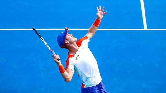 during the Gators' match against the USC Trojans on Saturday, February 4, 2023 at Linder Stadium at Ring Tennis Complex in Gainesville, FL / UAA Communications photo by Ashley Ray