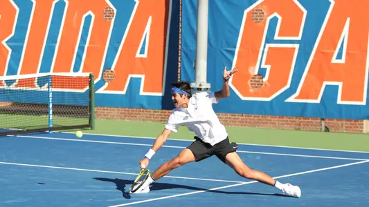 during the Gators' match against the Texas Longhorns on Sunday, January 15, 2023 at Linder Stadium at Ring Tennis Complex in Gainesville, FL / UAA Communications photo by Jashari Blige