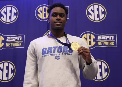during day 3 of the Gators' meet at the SEC Championship on Thursday, February 16, 2023 at Rec Center Natatorium in College Station, TX / UAA Communications photo by Emma Bissell