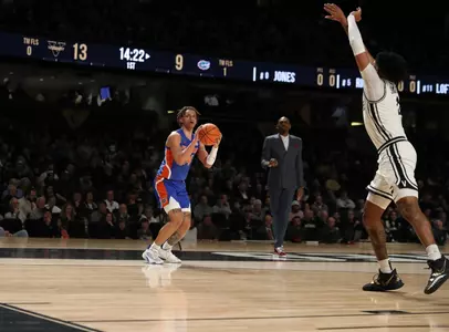 during the Gators' game against the Vanderbilt Commadors on Saturday, February 25, 2023 at Memorial Gymnasium in Nashville, TN / UAA Communications photo by Maddie Washburn
