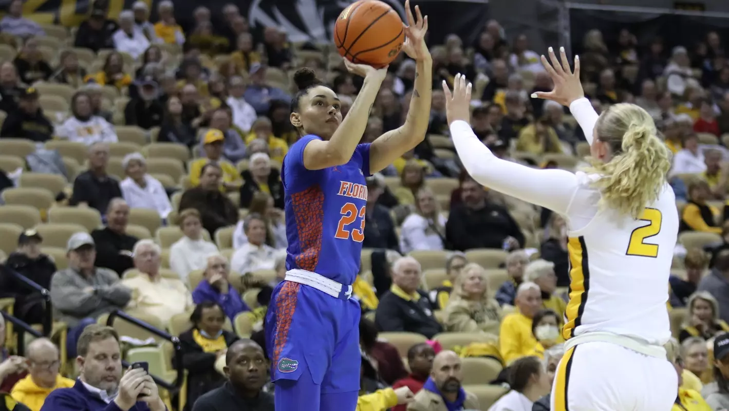 during the Gators' game against the Missouri Tigers on Sunday, February 26, 2023 at Mizzou Arena in Columbia , MO / UAA Communications photo by Emma Bissell