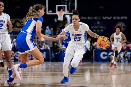 during the Gators' game against the Kentucky Wildcats at the 2023 SEC Women’s Basketball Tournament on Wednesday, March 1, 2023 at Bon Secours Wellness Arena in Greenville, SC / UAA Communications photo by Matt Pendleton