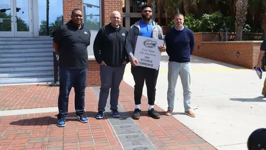 during the All-American Ceremony for O?Cyrus Torrence on Wednesday, March 29, 2023 at Ben Hill Griffin Stadium in Gainesville, Fla. / UAA Communications photo by Maddie Washburn