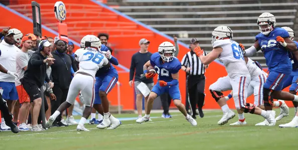 during the Gators' scrimmage on Tuesday, March 28, 2023 at the Sanders football practice fields in Gainesville, FL / UAA Communications photo by Katalina Enriquez