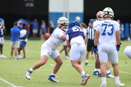 during the Gators' practice on Monday, July 31, 2023 at the Sanders football practice fields in Gainesville, FL / UAA Communications photo by Mallory Peak