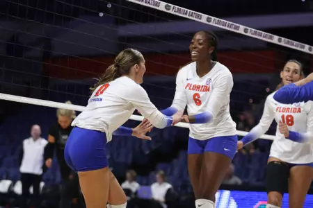 during the Gators' match against the UCF Knights on Thursday, April 13, 2023 at Exactech Arena at the Stephen C. O'Connell Center in Gainesville, Fla. / UAA Communications photo by Mallory Peak