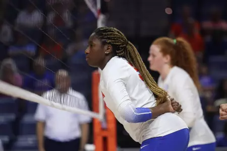 during the Gators' match against the UCF Knights on Thursday, April 13, 2023 at Exactech Arena at the Stephen C. O'Connell Center in Gainesville, Fla. / UAA Communications photo by Mallory Peak