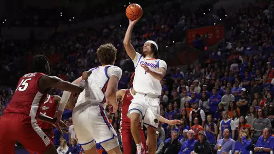 Walter Clayton Jr. during the Gators' game against the Arkansas Razorbacks on Saturday, January 13, 2024 at Exactech Arena at the Stephen C. O'Connell Center in Gainesville, FL / UAA Communications photo by Bryce Mitchell