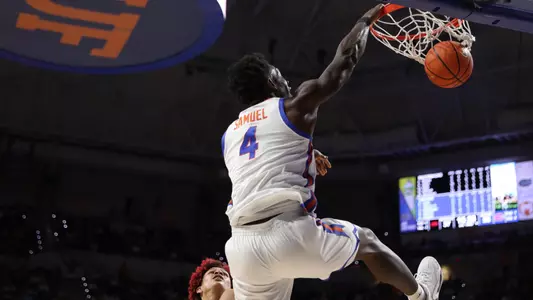 Tyrese Samuel during the Gators' game against the Arkansas Razorbacks on Saturday, January 13, 2024 at Exactech Arena at the Stephen C. O'Connell Center in Gainesville, FL / UAA Communications photo by Bryce Mitchell