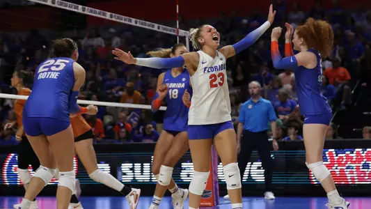 during the Gators' match against the Texas Longhorns on Sunday, October 6, 2024 at Exactech Arena at the Stephen C. O'Connell Center in Gainesville, Fla. / UAA Communications photo by Nicole Scharff
