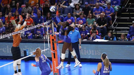 during the Gators' match against the Texas Longhorns on Sunday, October 6, 2024 at Exactech Arena at the Stephen C. O'Connell Center in Gainesville, Fla. / UAA Communications photo by Madilyn Gemme