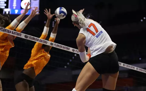 during the Gators' match against the Volunteers on Friday, October 25, 2024 at Exactech Arena at the Stephen C. O'Connell Center in Gainesville, Fla. / UAA Communications photo by Victoria Riccobono